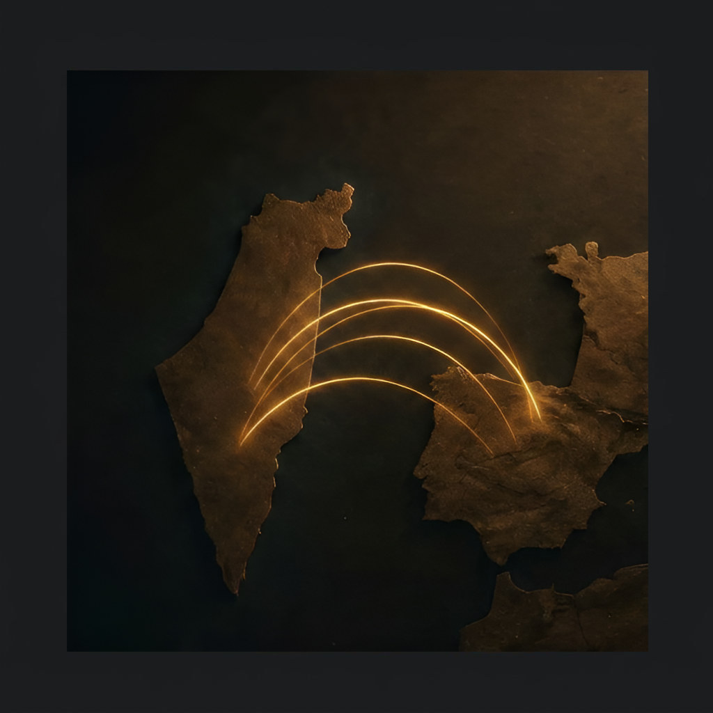 Mapa estilizado de Israel y España conectado por arcos dorados