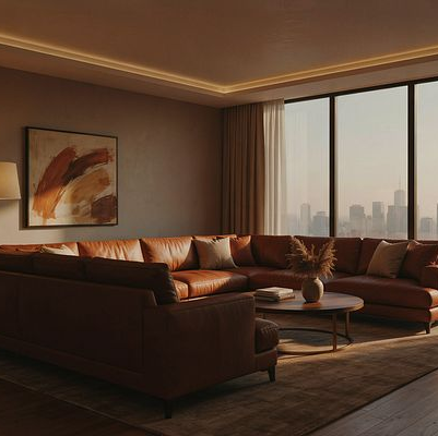Salón moderno con sofá seccional de cuero curvado