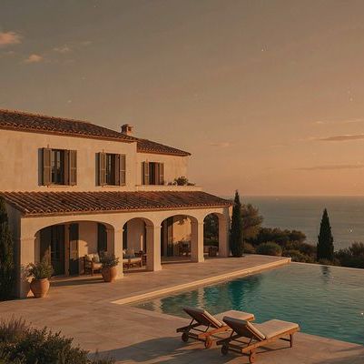 Villa mediterránea al atardecer con piscina infinita